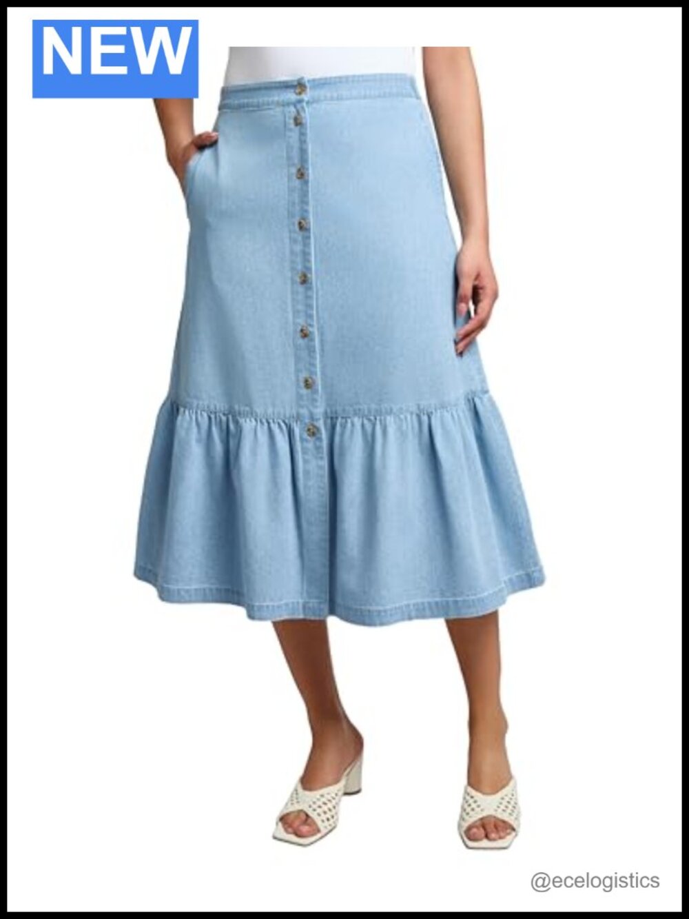 Plus Size Button-Front Chambray Midi Skirt A-Line Work